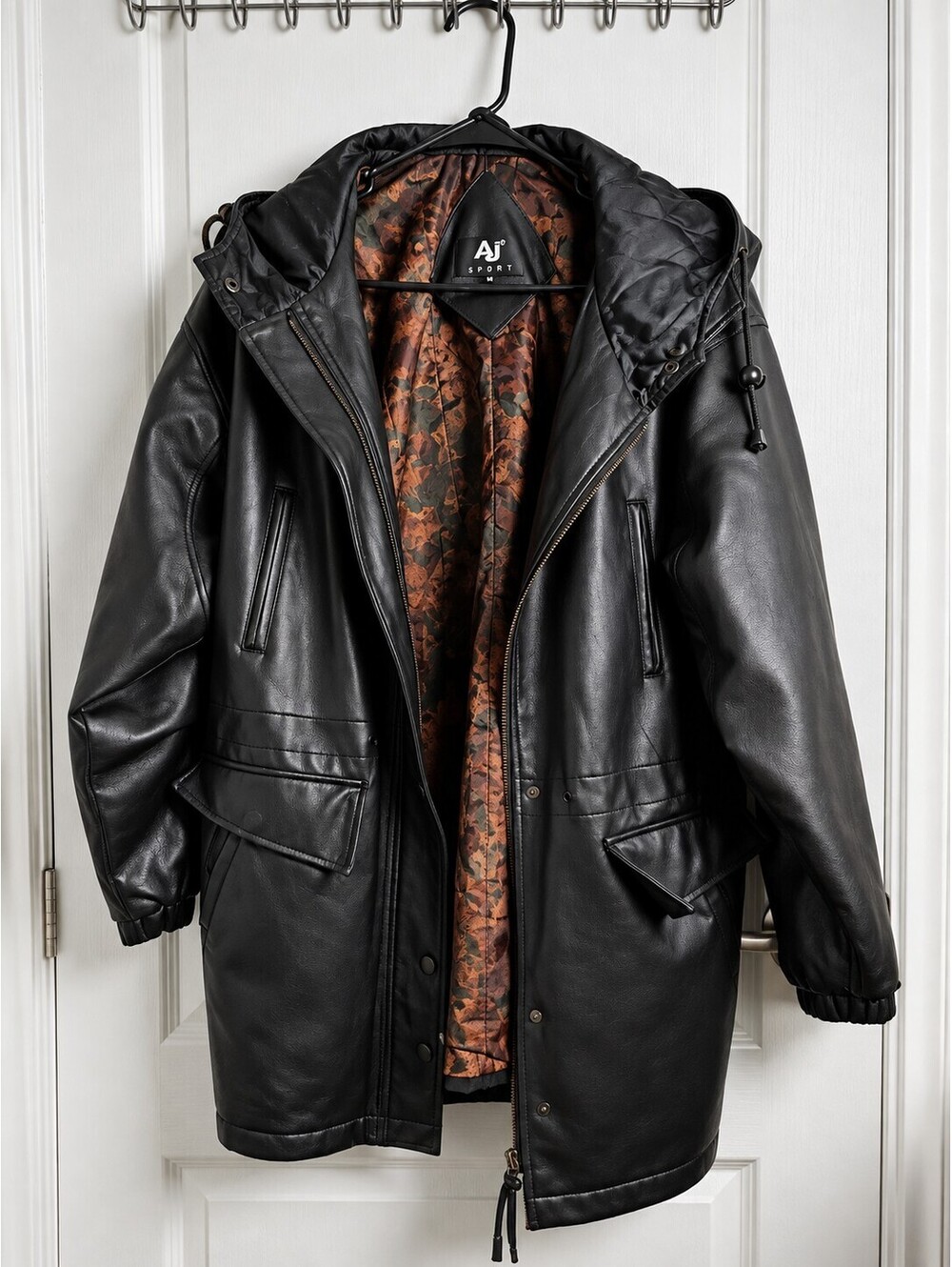 Vintage AJ Sport Black Faux Leather Hooded Parka Coat Size M 90s Unisex